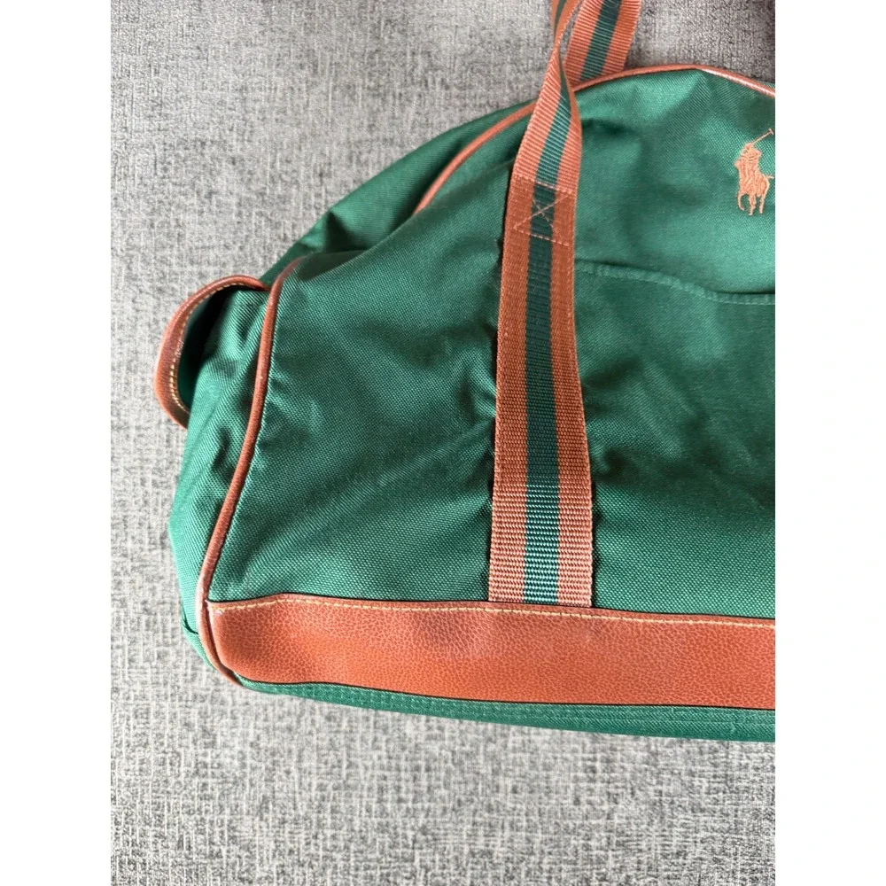 Polo Ralph Lauren Green Canvas Duffel Bag Brown Trim Travel Weekender